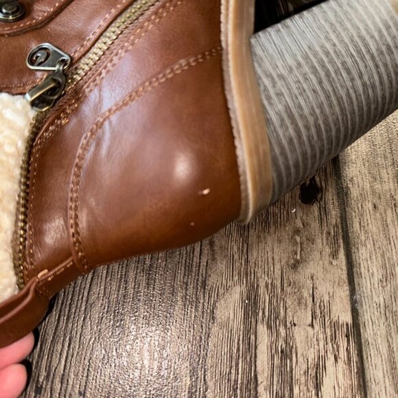 Women's Ankle Boots Brown Faux Leather Sherpa Tall Thick Heel Booties Size 7 - Picture 9 of 13